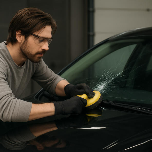 Technicien de verre automobile en action